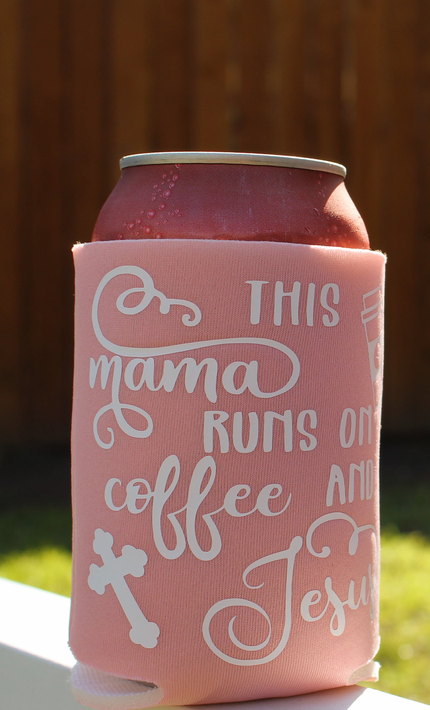 Can Cooler-"This Mama Runs on Coffee & Jesus"-Pink