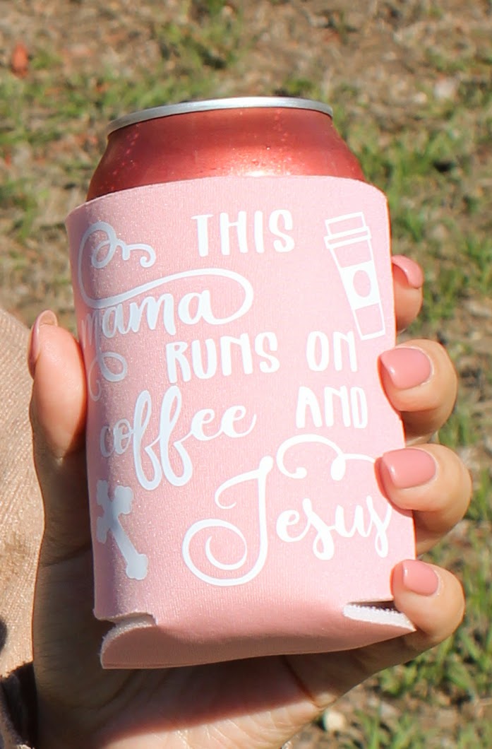 Can Cooler-"This Mama Runs on Coffee & Jesus"-Pink